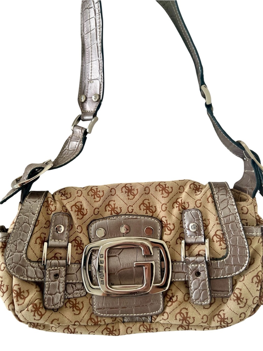 GUESS Beige Logo-Print Shoulder Bag
